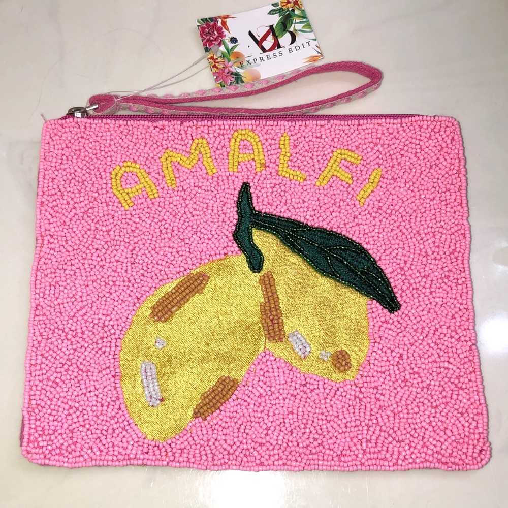 America & Beyond Cotton And Jute Pink & Yellow Amalfi Lemon Beaded Wristlet NWT